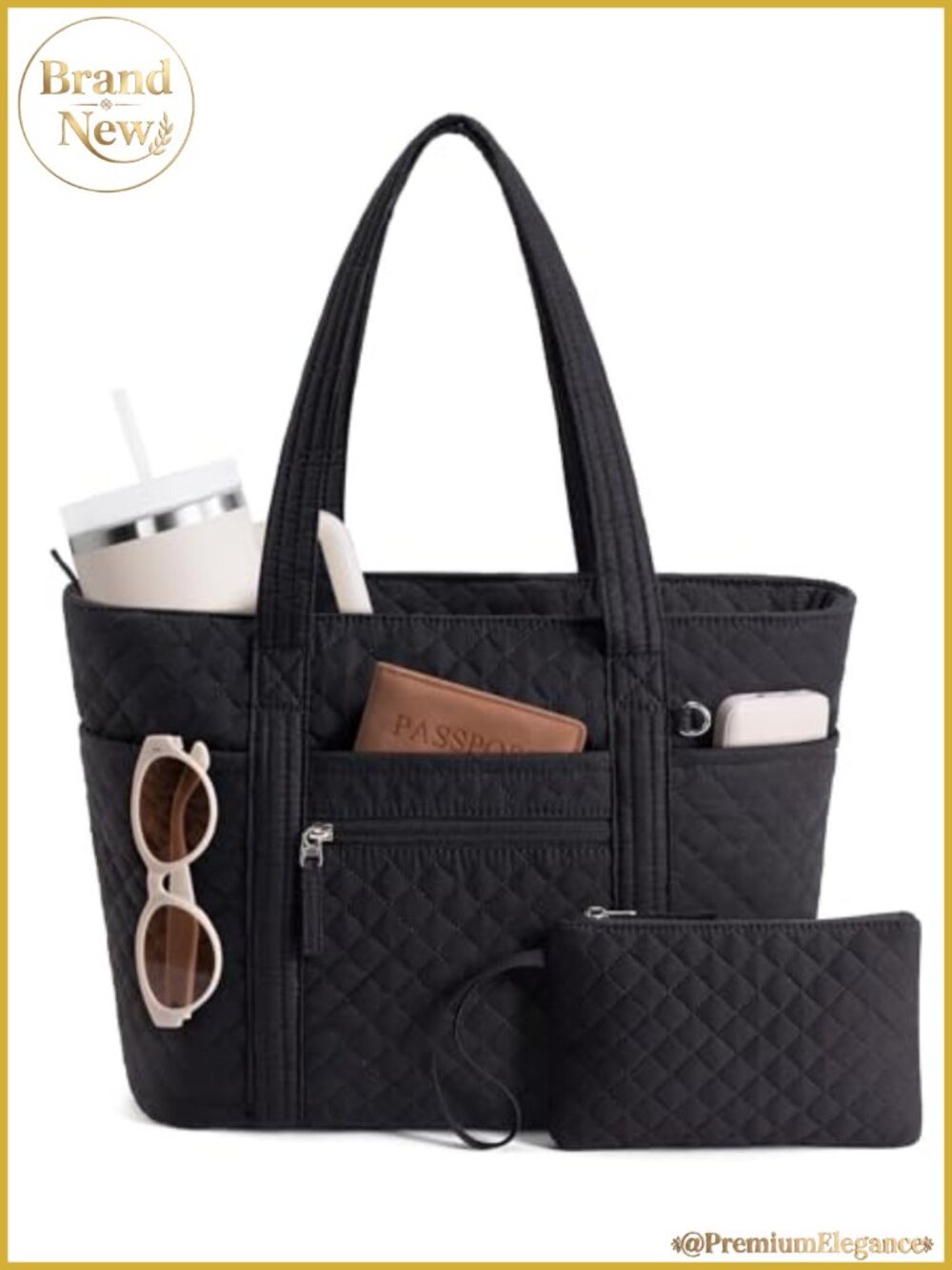 Quilted Cotton Tote Bag for Women with Laptop Sleeve and Tumbler Holder